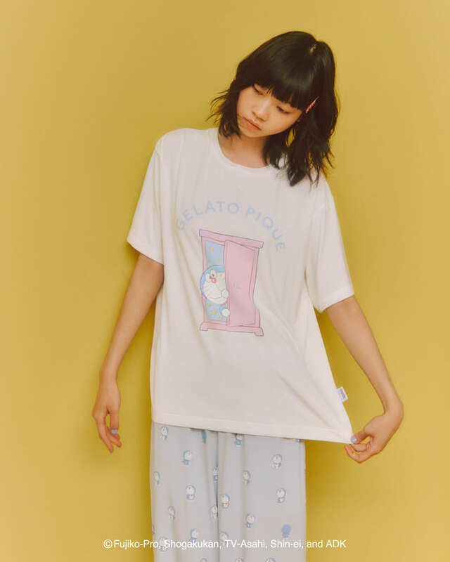 【ドラえもん meets GELATO PIQUE】「【ドラえもん】【レディース】ワンポイントTシャツ」￥5,390、「【ドラえもん】【レディース】総柄ロングパンツ」￥7,920
