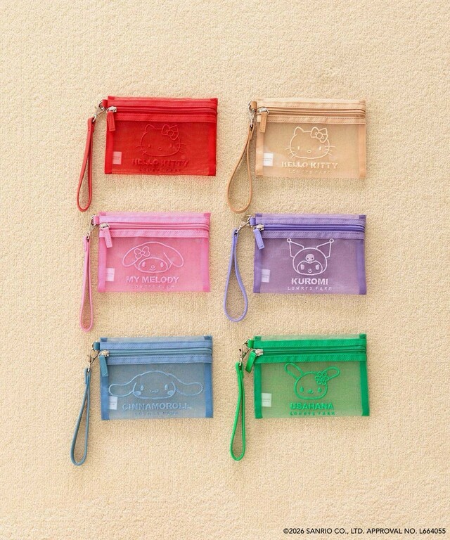 【LOWRYS FARM×サンリオキャラクターズ】メッシュポーチ／各1,690 円（税込）カラー展開:ハローキティ、ハローキティ日焼け、シナモロール、マイメロディ、クロミ、ウサハナ