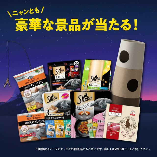 対象商品を購入し、それに付いているニャンズカードの二次元バーコードからポイントを貯めることで豪華景品が抽選で当たります