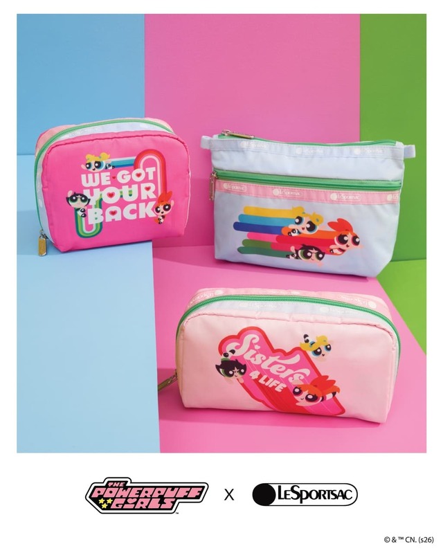 【パワーパフ ガールズ×レスポ―トサック】左から時計回り Square Cosmetic H9×W11×D5cm ￥6,600、Cosmetic Clutch H15×W19×D6cm ￥7,920、Rectangular Cosmetic H9×W16×D5cm ￥7,260