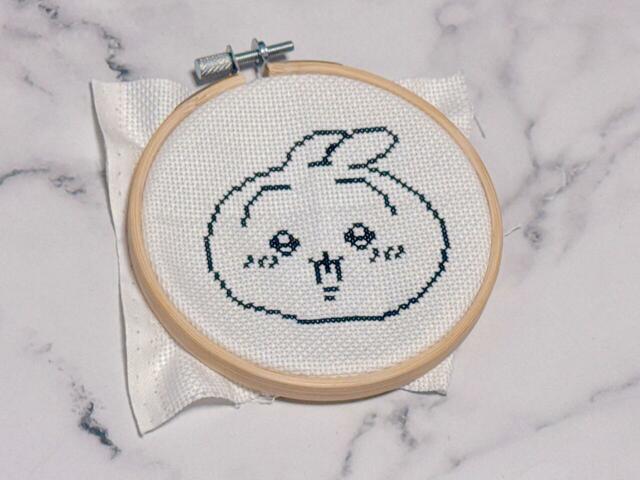 先に黒の糸でお顔の輪郭やパーツを刺しました！