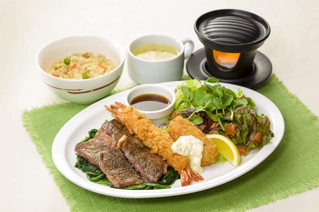 ビーフカットステーキ&有頭海老フライとクリームコロッケ 筍ごはんセット