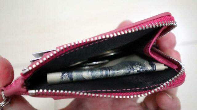 【3COINS バイカラーフラグメントケース】4つ折り紙幣と10枚ほどのコインが入りました 