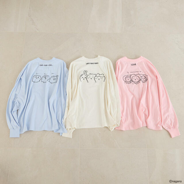 【LOWRYS FARM「ちいかわ」スペシャルコレクション】ロンT/ホワイト、ピンク、ブルー(サイズ:FREE/税込4,400円)※キッズ展開あり(税込2,750円)