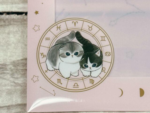 ぎゅっと寄り添う2匹のにゃんこがキュート！散りばめられた星や月がロマンチックなデザイン