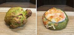 (左)抹茶とホワイトチョコのスコーン ¥280、(右)レンコンとめんたいこのフォカッチャ ¥320