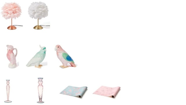 【Francfranc】「フェザーランプ」ピンク／ホワイト ￥11,000、「バード オブジェ」ピンク／グリーン／オレンジ ￥3,500、「ブドワール フラワーベース ピンク S・L」S：￥2,800／L：￥4,500、「リムーバブルウォールペーパーブドワール」ミント／ピンク ￥3,000