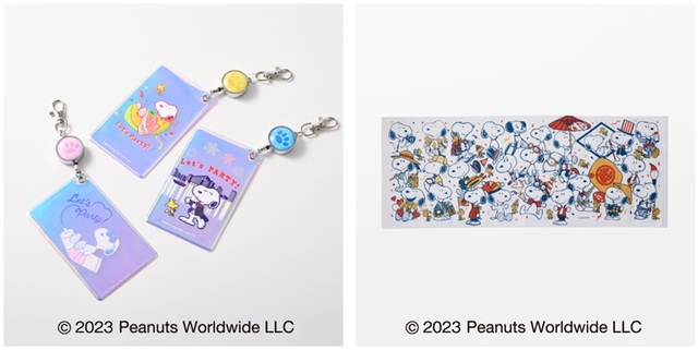 左：【銀座三越限定】リール付きオーロラパスケース 各2,420円 （全3種/約W7.2×H11.6cm）、右：【銀座三越限定】手ぬぐい 3,300円 （約W90×H33cm）　■新館7階 催物会場　© 2023 Peanuts Worldwide LLC