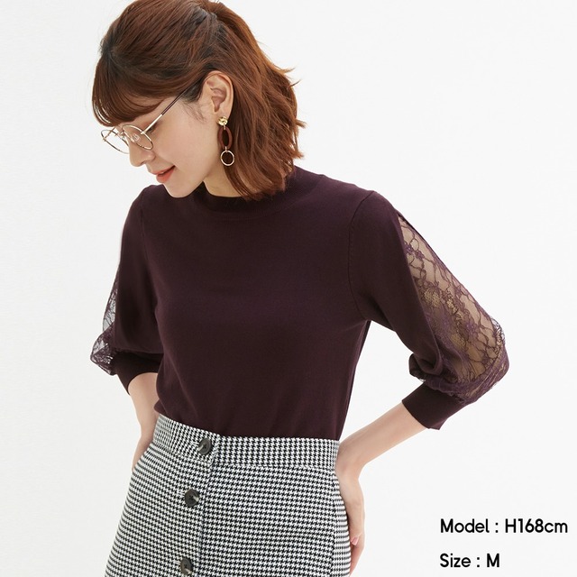 GU／レーススリーブセーター(7分袖)Z+X　（PURPLE）