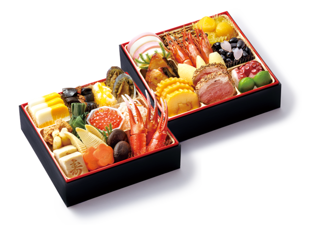 「彩り二段重」＜価格：12,800円（税込）＞【【はま寿司】黒毛和牛に本ズワイ蟹！お食事券付き“プレミアムおせち”が登場！お得な“豪華おせち”ただいま予約受付中！】