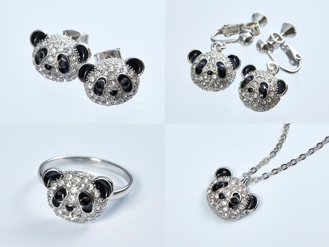 「キラキラパンダシリーズ」＜価格：ピアス 4,180円、イヤリング 4,290円、リング 2,530円、ネックレス 3,080円（税込）＞ 【エキュート上野でパンダフェア「PANDA PARK」開催！「たれぱんだ」のポップアップショップもオープン！】