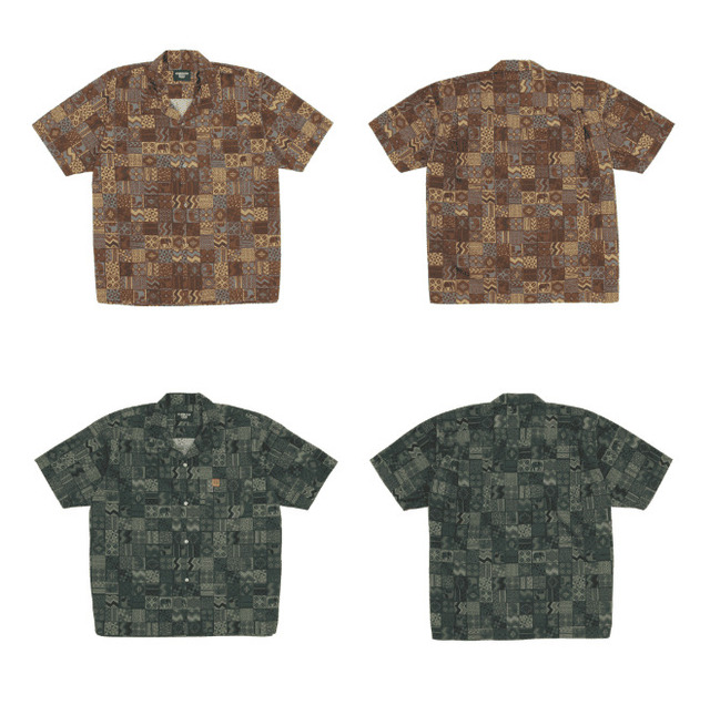 【STARBUCKS STAND by BEAMS】「総柄プリントショートスリーブシャツ」¥18,700(サイズ:XS / S / M / L / XL、カラー:グリーン / ブラウン)