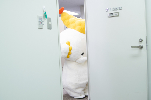 会議室にやって来たこぎみゅん。恥ずかしそうです