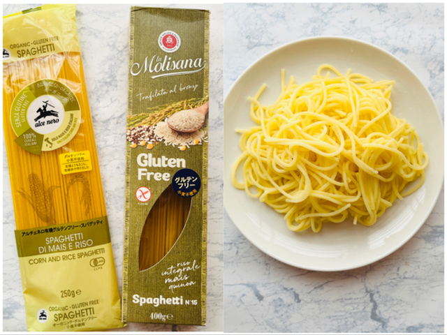 アルチェネロ 有機 グルテンフリー スパゲッティ 250g、ラ・モリサーナ グルテンフリーパスタ400g、（皿のものはアルチェネロ）