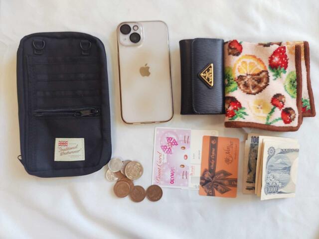 携帯、キーケース、ハンカチ、カード3枚、お札と小銭が入った