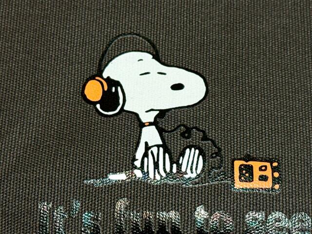 ヘッドホンでラジオを聴いているスヌーピー。珍しい表情がファニーでキュート♪