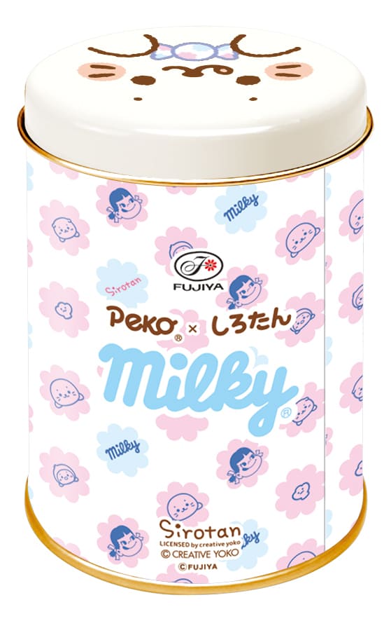 【ペコちゃん×しろたん】「ミルキー缶(ペコちゃん×しろたんとお友だち)」770円 背面にはダブルロゴ