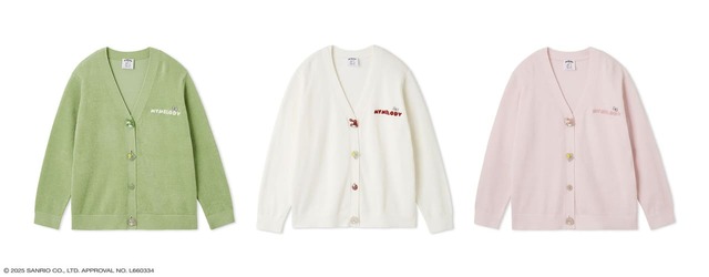 【MY MELODY】ニットカーディガン／マイメロディやねずみのフラットくんやいちごなどをモチーフにしたボタンはラメ感を施し華やかなデザイン