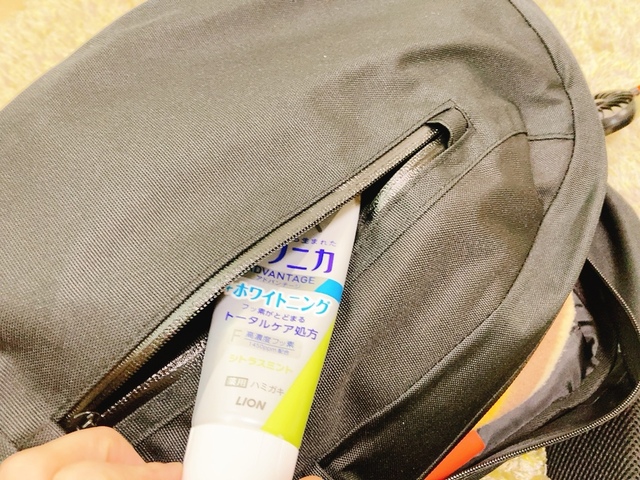 【ワークマン 防水デイバッグ】外ポケットには大きな歯磨き粉を収納できました