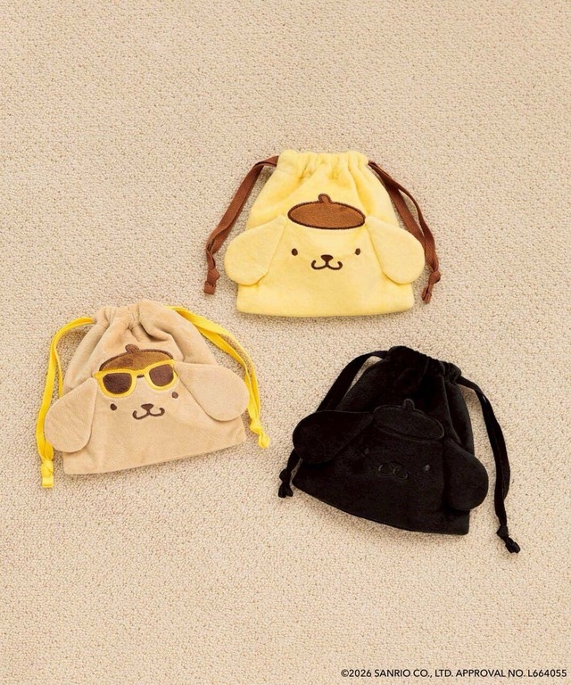 【ポムポムプリン×LOWRYS FARM】「ぬいキンチャクポーチ」1,790円／カラー展開:ブラック・日焼け・スタンダード
