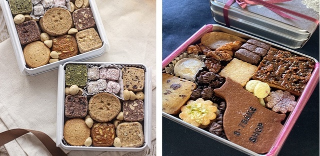 〈BAKESHOP AIKA（ベイクショップ アイカ）〉 クッキー缶 4,121円（1個）、〈8・7BAKE SHOP（ハチナナベイクショップ）〉 クッキー缶(大) 2,592円（170g）