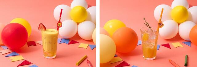 「<プーさん>はちみつゼリーミルク、<ティガー>オレンジスカッシュ」<価格:税込1,090円/税込990円>【プーさんと仲間たちがテーマのカフェ「OH MY CAFE」オープン♪東京・名古屋・大阪で開催されます!】