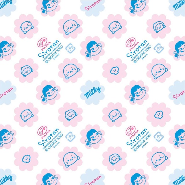 【ペコちゃん×しろたん】敷紙フィルムはミルキーフラワー柄の中に、しろたん、お友だち、ペコちゃんが描かれたコラボデザイン