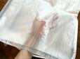 【無印良品 レジャーシートでつくった たためる収納袋】全体的にハリ感のある生地。上部のみやや透ける素材で、中に何が入っているかがわかりやすいです