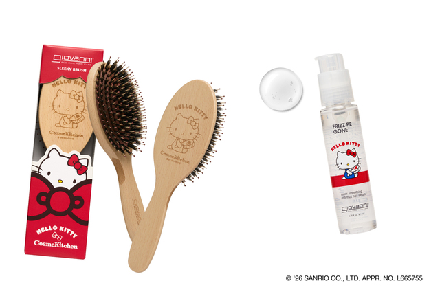 <HELLO KITTY>スリーキーブラシ 【giovanni】 3,300円(税込)/<HELLO KITTY>フリッズビーゴーン スムージング ヘアセラム 【giovanni】 3,190円(税込)