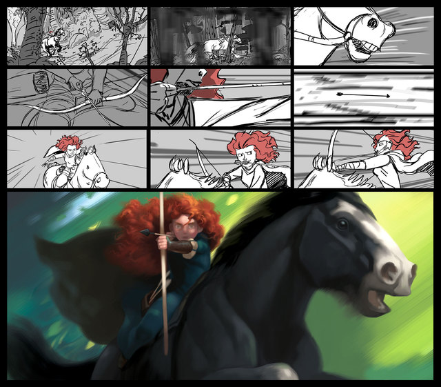 カラースクリプト：スティーブ・ピルチャー/ストーリーボード：エマ・コーツ、ブライアン・ラーセン｜≪カラースクリプト/ストーリーボード：メリダのオープニングシーン≫｜ 『メリダとおそろしの森』（2012年）｜デジタルペインティング｜©Disney/Pixar