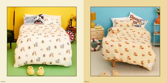 プリント3点セット（シングル）￥15,950、プリントピローケース ￥2,970｜ジェラート ピケ「ミッキー&ドナルド」コレクション