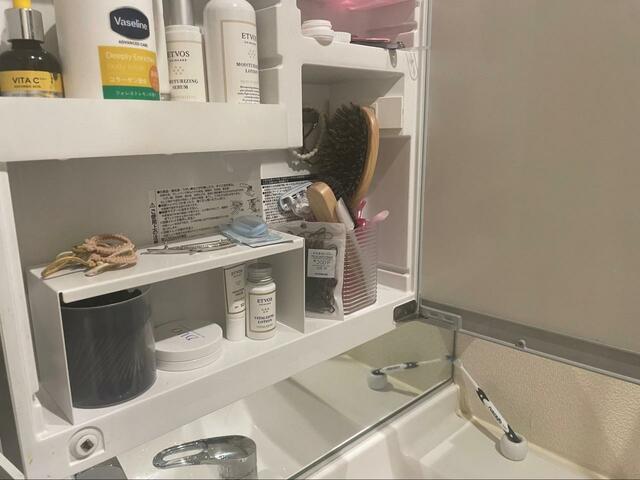 【山崎実業　tower：洗面鏡中 収納ラック 2個組】横には背の高いものを置いて収納