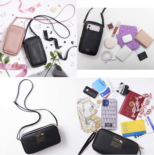 上『LUMIÈRE de GÉNIE 推し活がもっと楽しくなる！ スマホショルダーバッグBLACK／ROSE』 各2,838円、下『kippis 2層式お財布＆スマホショルダー一体型バッグBOOK』2,970円
