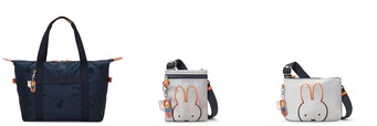 【Kipling x miffyコレクション】（左から）アートエム（ミッフィーネイビージャカード） ￥24,860／アフィア（ミッフィーメタリック） ￥11,000／メイバッグ（ミッフィーメタリック） ￥12,870（価格はすべて税込み）