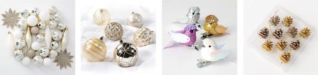 左から：ボール30P(ホワイトゴールドミックス iST)　999円 ボール6P(ゴールドデザインミックス iKR)　799円 ツリーオーナメント(バードクリップ iAN)　499円 ツリーオーナメント10P(マツボックリ)　499円