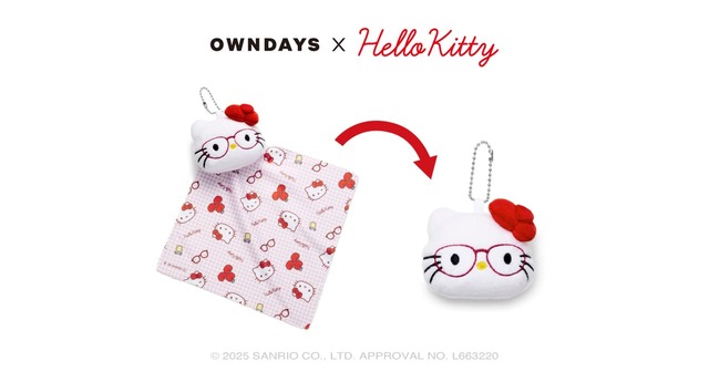 【OWNDAYS ×ハローキティ】「ハローキティのマスコットクリーナー」￥1,500／メガネを着用したハローキティのお顔がそのまま再現されたマスコットキーホルダー