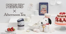 【PEANUTS×Afternoon Tea】“PEANUTS CAKE RECIPES”をテーマに、スヌーピーときょうだいたちが大きなストロベリーチョコケーキを作る様子を描いた可愛らしいデザインのアイテムを発売