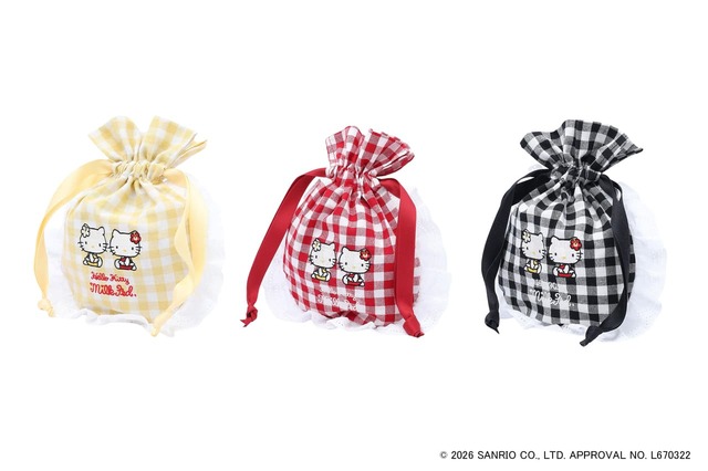 【MILKFED.×ハローキティ】「F2F DRAWSTRING POUCH」￥4,400（LtYELLOW,RED,BLACK）※オンライン限定