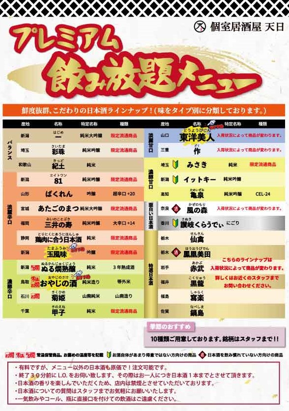 個室居酒屋 天日 本厚木店　プレミアム飲み放題メニュー（日本酒）