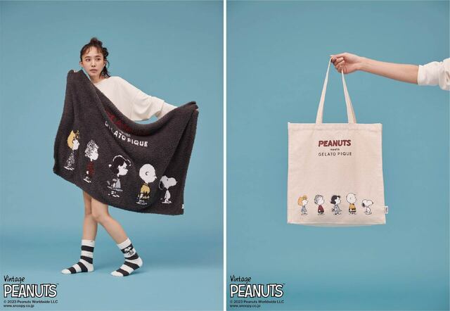 【PEANUTS meets GELATO PIQUE】'ジェラート'ブランケット ￥7,480'パウダー'ソックス ￥2,640カラー：ダークグレーサイズ：フリー　トートバッグ ￥2,750カラー：アイボリーサイズ：フリー