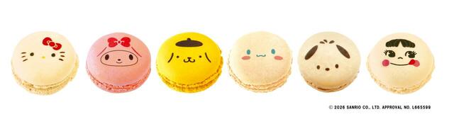 「サンリオキャラクターズ マカロン」ハローキティ（あまおう苺）、マイメロディ（フランボワーズ）、ポムポムプリン（プリン）、シナモロール（バニラ）、ポチャッコ（ショコラ）、ペコちゃん（ショコラ）  各税込216円  発売中【不二家×サンリオキャラクターズコラボ】