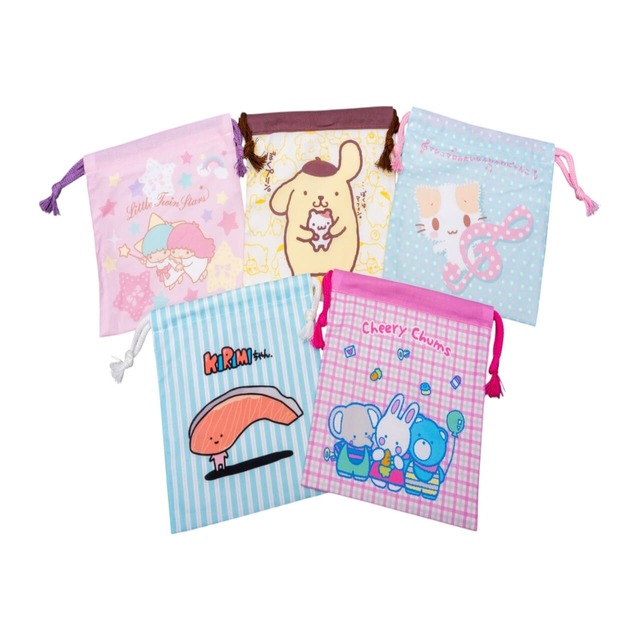 【サンリオ】「KBB21　  サンリオキャラクターズF ブラインド 巾着M 単品」各1,155円／「ポムポムプリン」「リトルツインスターズ」「KIRIMIちゃん.」「マシュマロみたいなふわふわにゃんこ」「チアリーチャム」＋シークレット1種