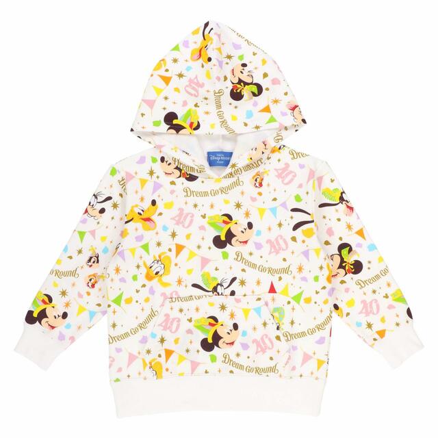 パーカー 100-120cm 各4,300円、130-150cm 各4,600円｜サイズ：100、110、120、130、140、150 ※総柄アイテムのため、1枚1枚柄の出方が違います。｜東京ディズニーリゾート40周年“ドリームゴーラウンド”スペシャルグッズ｜発売日：2023年4月10日（月）｜販売店舗：東京ディズニーランド「グランドエンポーリアム」、東京ディズニーシー「エンポーリオ」