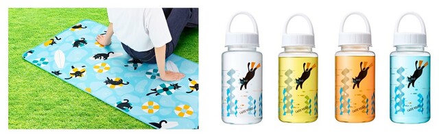 「レジャーシート/クリアボトル」＜サイズ：レジャーシート(縦70cm×横1m40cm)/クリアボトル(容量400ml)＞【巾着型の“黒ねこ保冷バッグ”がおしゃれ！カフェ・ベローチェの数量限定「黒ねこサマーバッグ 2024」にお得が詰まってる！】