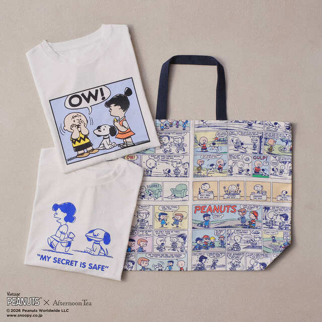 【PEANUTS×Afternoon Tea】Tシャツ 各¥4,950、ビッグバッグ ¥6,050/ビンテージデザインのバッグやTシャツは特別感も◎