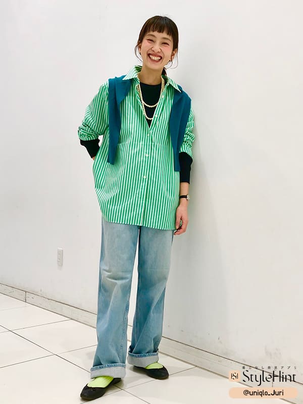 【ユニクロ】ストライプシャツで小顔見せコーデ