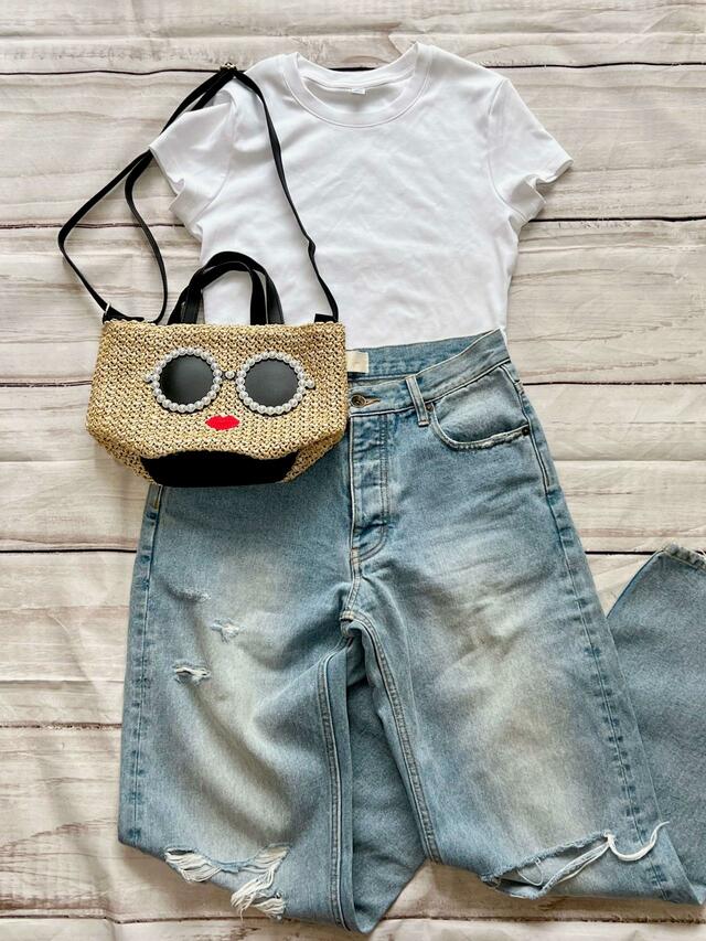 白T&デニムの定番コーデもバッグを持つだけで華やかに!【a-jolie(アジョリー)PEARL BASKET 2WAY BAG】