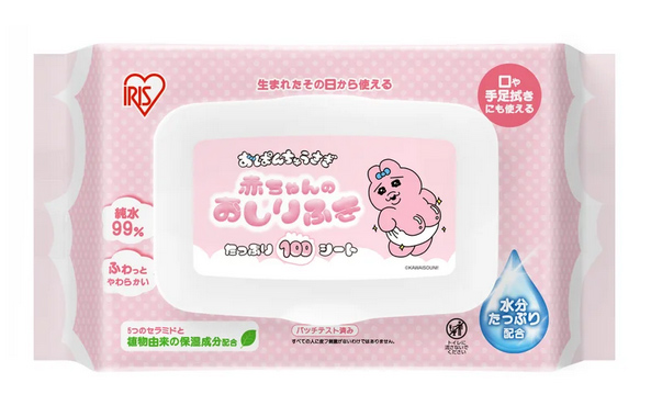 【アイリスオーヤマ×おぱんちゅうさぎ】赤ちゃんのおしりふき／水分たっぷりの厚手シート100枚入り。おしりを出しているおぱんちゅうさぎもキュート♪