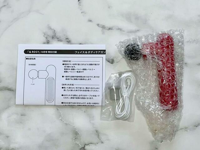 取り扱い説明書とケアガン本体、アタッチメント、US Bケーブルが入っていました【＆ROSY（アンドロージー）10月号】付録「エステダム：フェイス＆ボディケアガン」