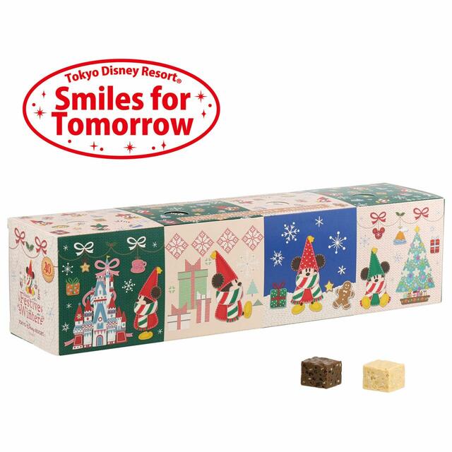 キュービックチョコレートクランチ 1,400円｜「ディズニー・クリスマス」スペシャルグッズ｜東京ディズニーリゾート40周年“ドリームゴーラウンド”｜発売日：2023年11月7日（火）｜販売店舗：東京ディズニーランド「ディズニー＆カンパニー」、東京ディズニーシー「ヴァレンティーナズ・スウィート」
